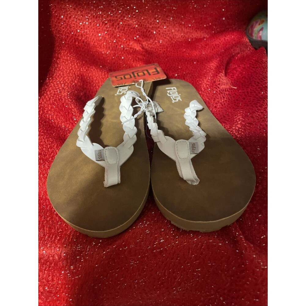 New NWT Womens Flojos Navida White Brown Flip Flops Sandals Size 6 Braided